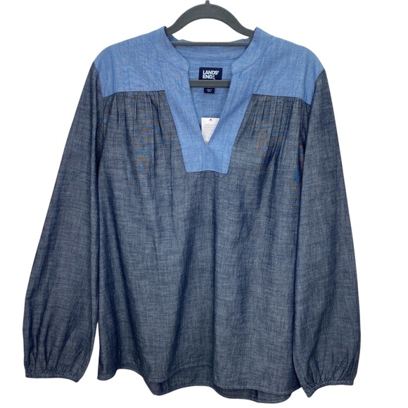 Lands' End Tops - Lands End Pullover Top Womens Small Blue Chambray Long Sleeve Tunic Blouse Shirt